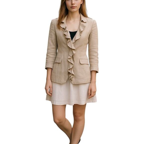 Alice + Olivia Ruffle Trim 3/4 Sleeve Khaki Blazer Jacket - Picture 1 of 12